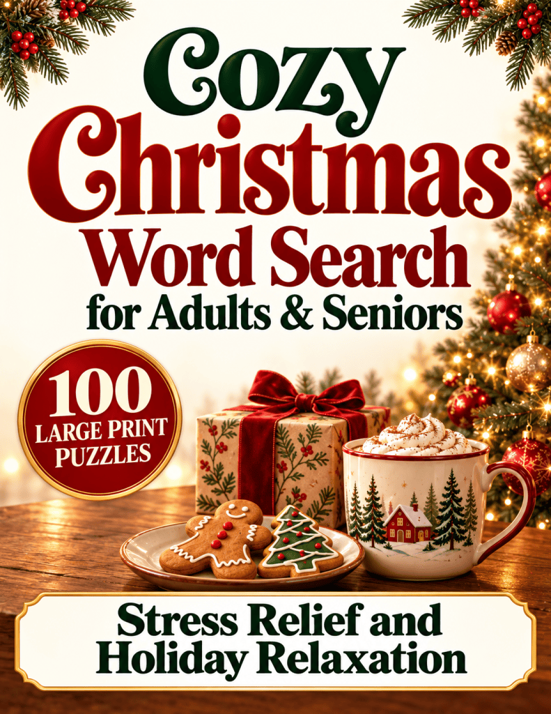 A festive image featuring the title 'Cozy Christmas Word Search for Adults & Seniors', highlighting '100 Large Print Puzzles'. The background includes a Christmas tree with ornaments, wrapped gifts, a cup of hot cocoa topped with whipped cream, and gingerbread cookies shaped like a tree and a person.