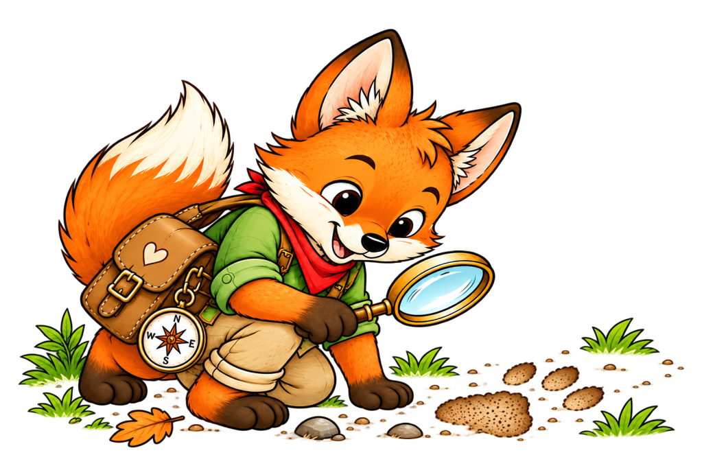 A cartoon fox character with an orange-brown fur coat, wearing a green shirt, red scarf, and carrying a brown bag with a heart design. The fox is crouched down examining the ground with a magnifying glass, surrounded by green grass and leaves.