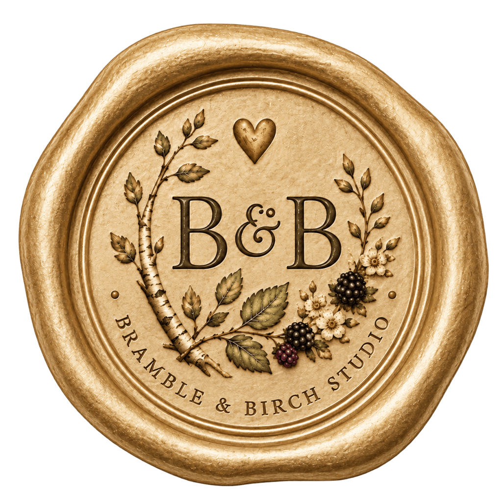 Stylized logo for Bramble & Birch Studio featuring the initials 'B & B' surrounded by decorative leaves and berries, set in a gold circular frame.