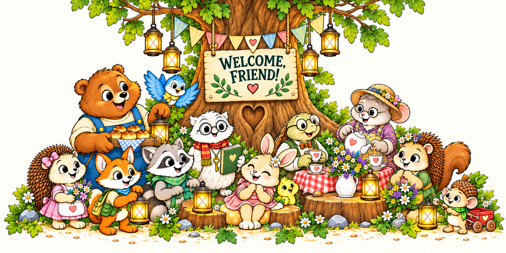 Woodland animals of Bramble Hollow gathered for a tea party beneath a “Welcome, Friend!” sign