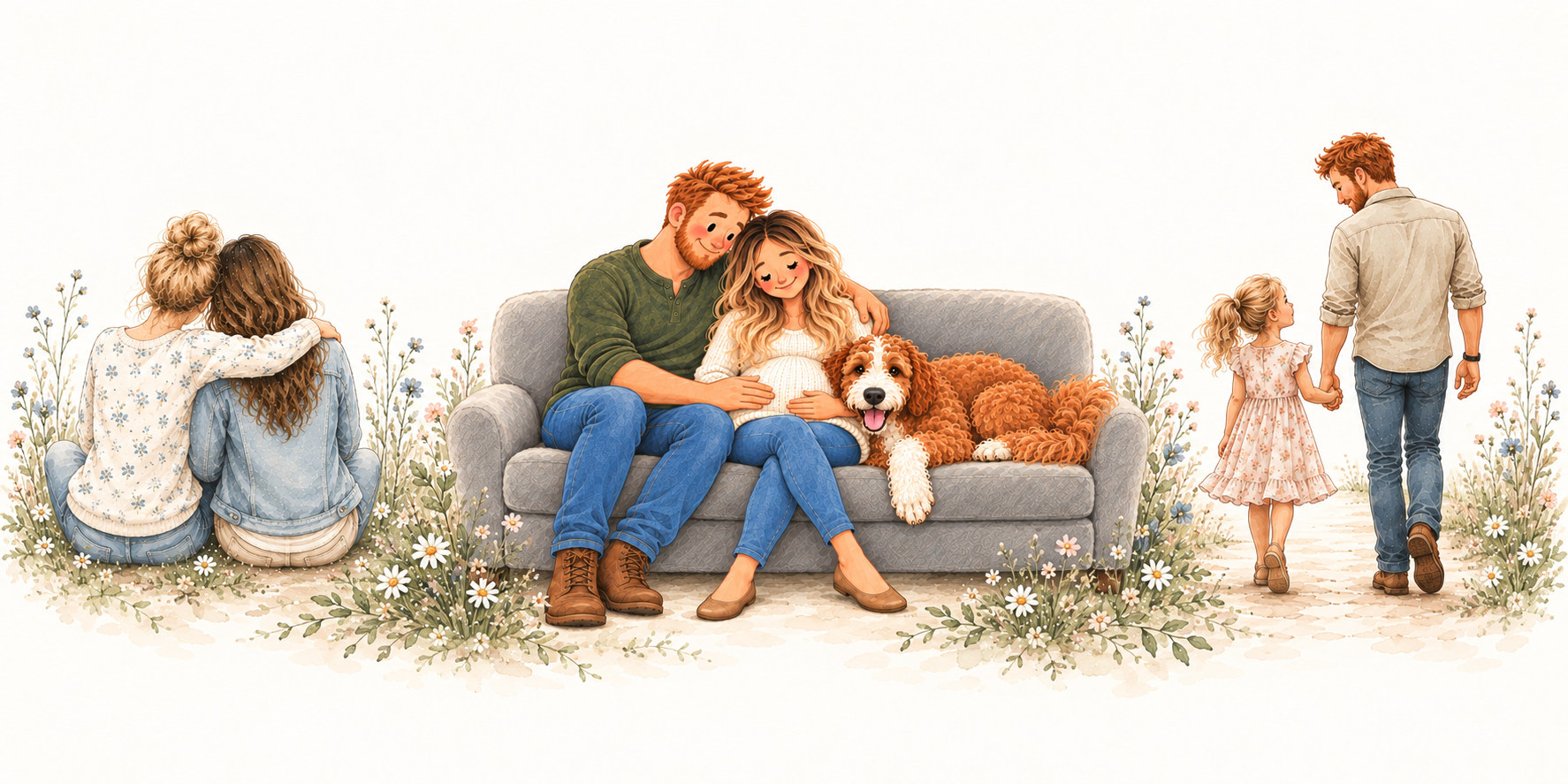 A watercolour family scene with loved ones, a dog, and a child walking hand in hand