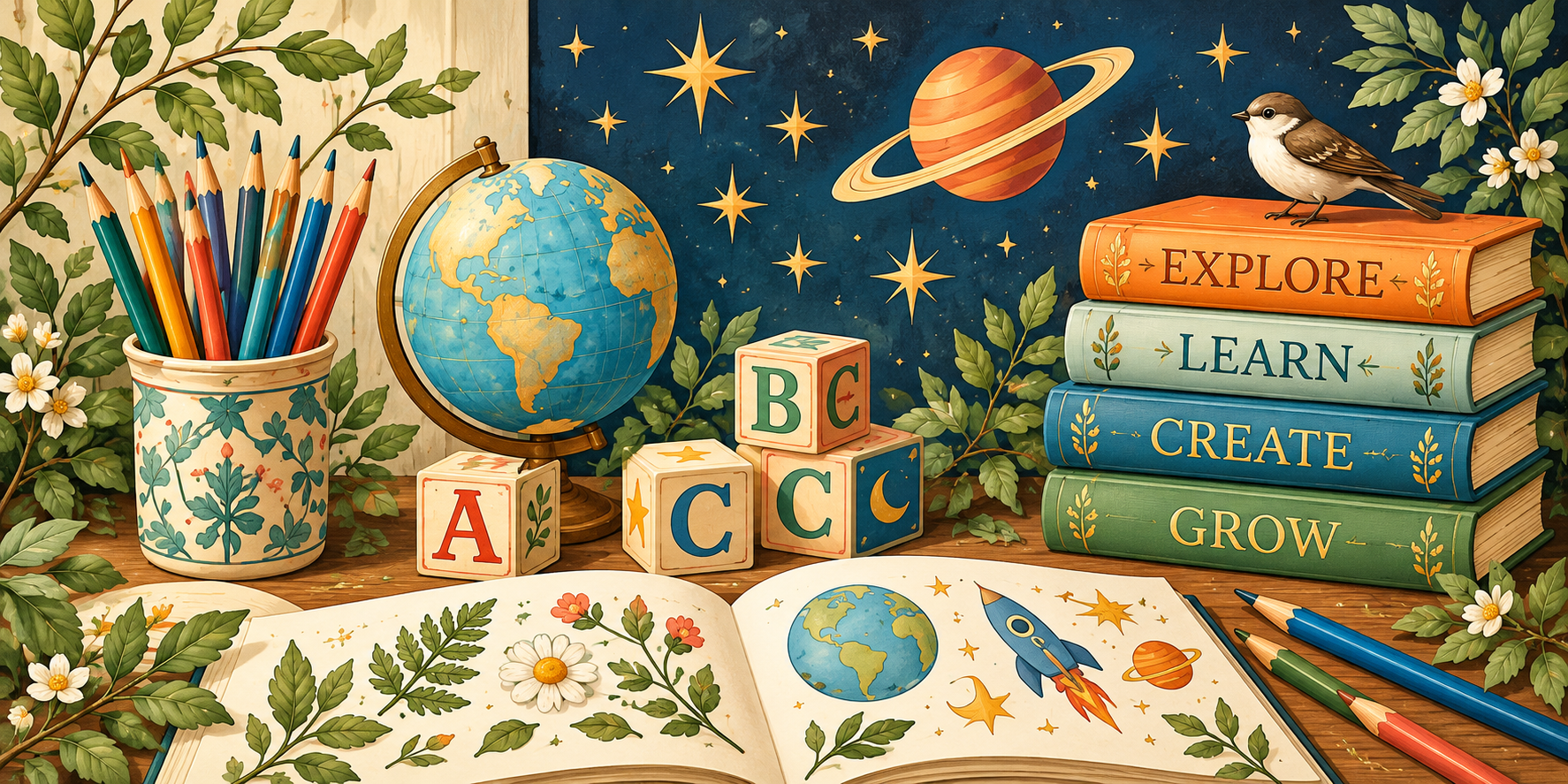 Coloured pencils, a globe, alphabet blocks and books labelled Explore, Learn, Create and Grow