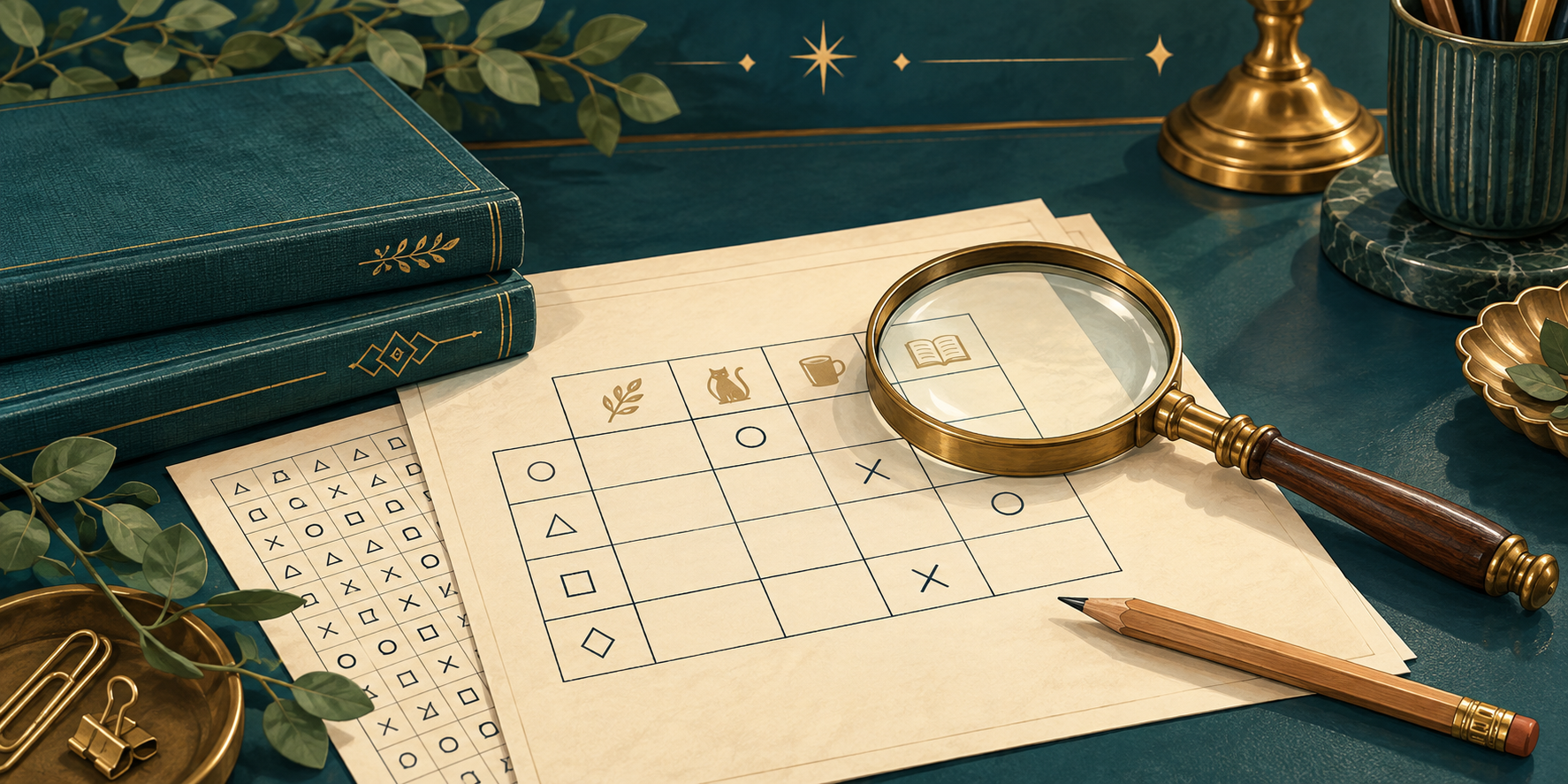 A magnifying glass resting on a logic puzzle grid beside vintage books