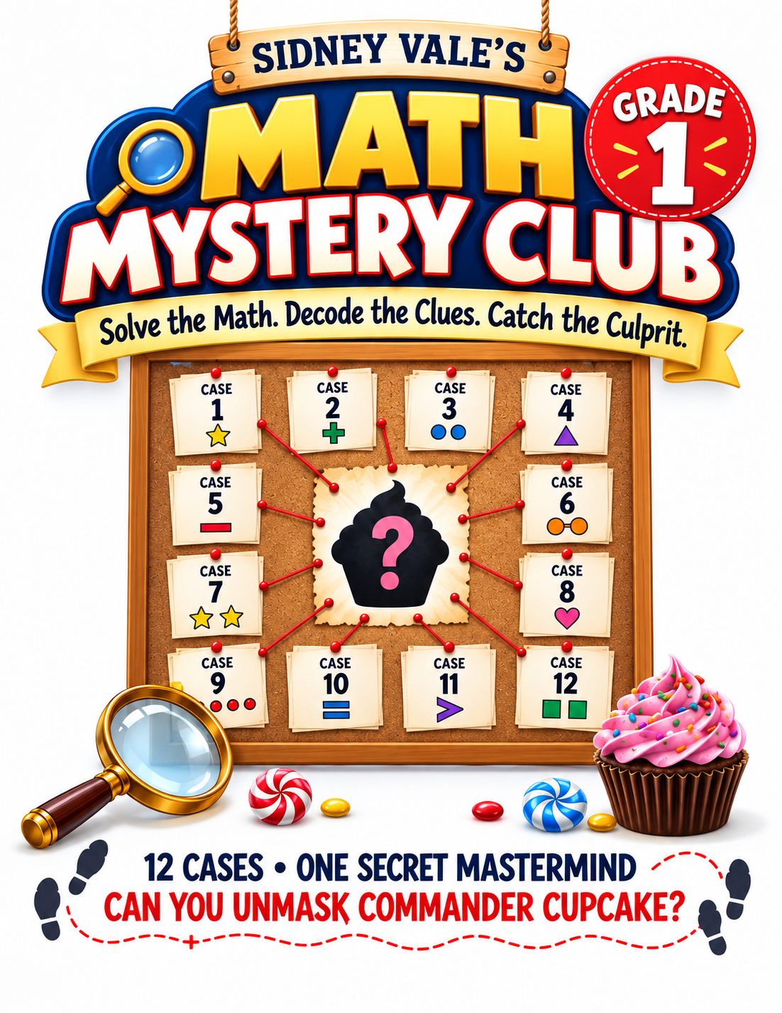Cover of Sidney Vale’s Math Mystery Club, Grade 1: Can You Unmask Commander Cupcake?