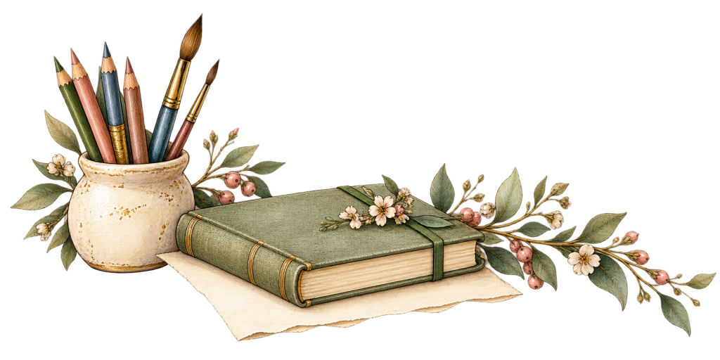 A green book lies on a piece of paper, accompanied by a white pot filled with colorful pencils and decorative flowers and leaves.