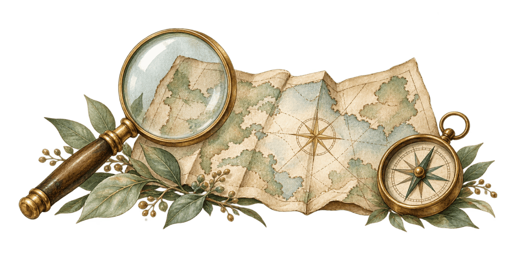 A magnifying glass, an old map with green landscape illustrations, and a compass, surrounded by leaves, all set against a transparent background.
