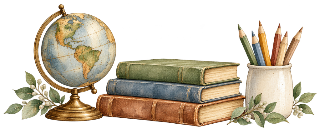 A vintage globe beside stacked books in varying colors, with a pot of colored pencils and green leaves in the background.